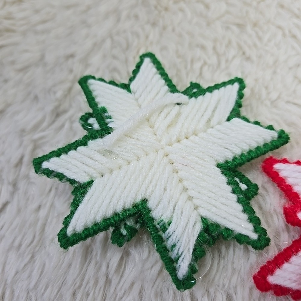 Vintage Handmade Needlepoint Star Christmas Ornament (2) Needlecraft Red & Green - Picture 4 of 6